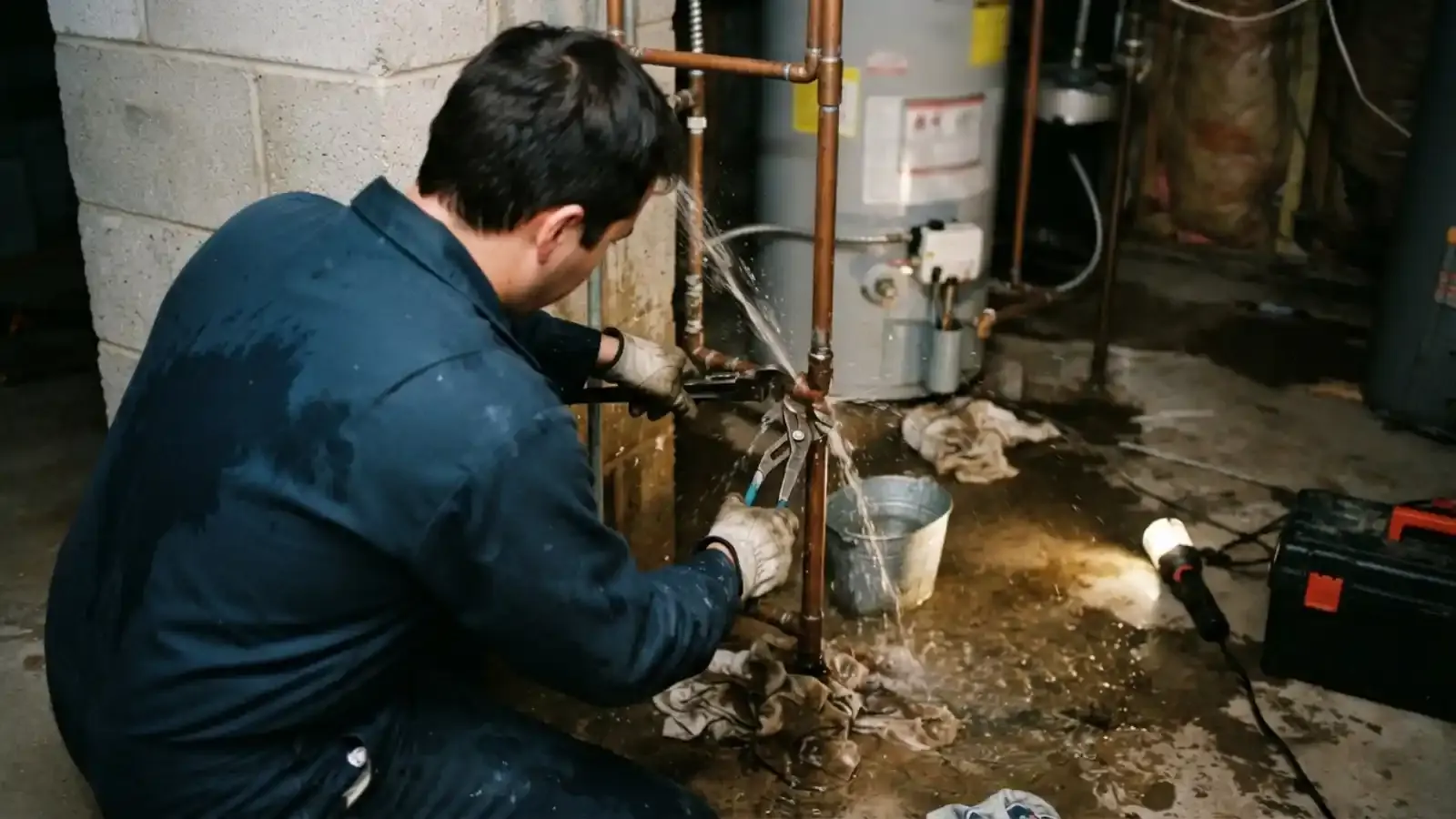 Plumber in a basement clamping a leaking copper pipe with water spraying and a bucket on the floor