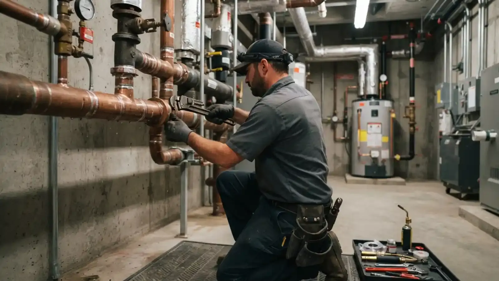 Plumber working on large copper pipe runs in a commercial mechanical room