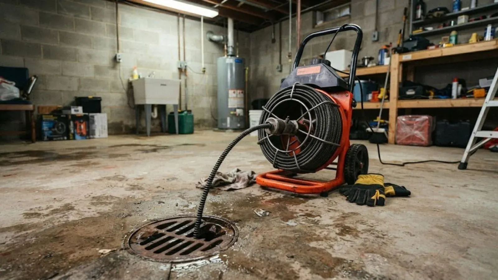 Drain cleaning machine with a coiled cable feeding into a basement floor drain
