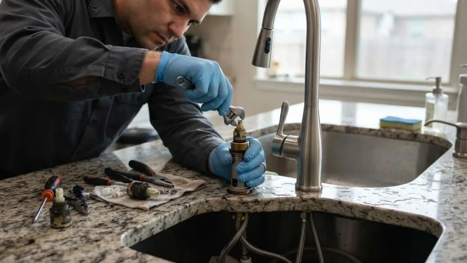 Plumber replacing a faucet cartridge at a granite kitchen counter with tools laid out