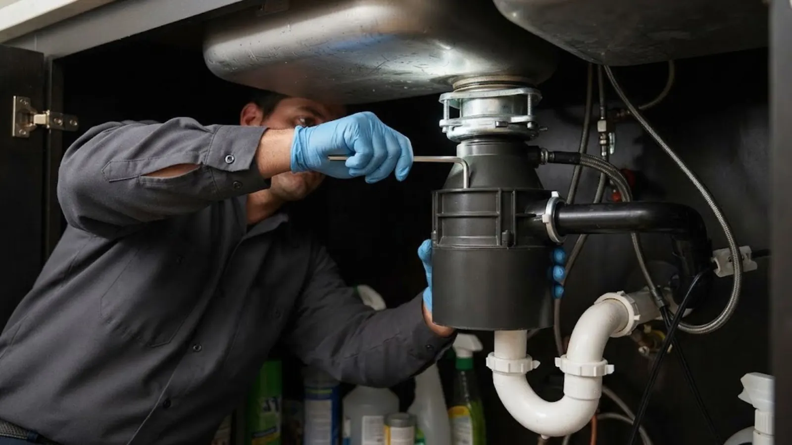 Plumber in blue gloves working on a garbage disposal under a kitchen sink