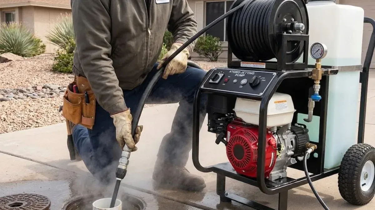 Plumber feeding a hydro jetting hose into a cleanout beside a portable jetting machine