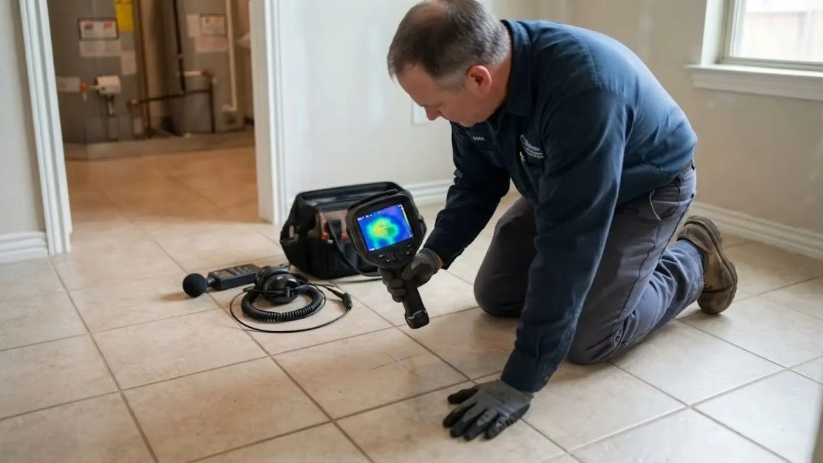 Technician kneeling on a tile floor with a thermal imaging camera and listening equipment to locate a hidden leak