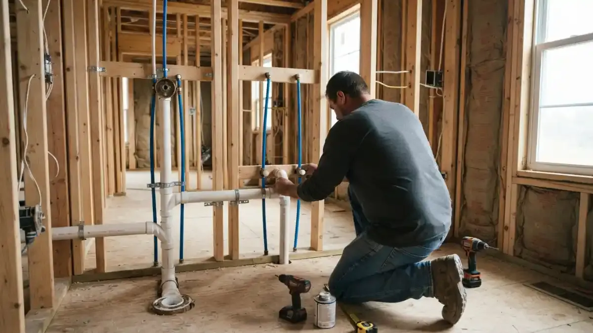 Plumber kneeling beside new white drain piping and PEX supply lines in a framed house