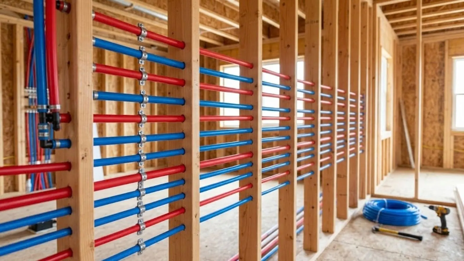 Wall framing with new red and blue PEX water lines run between the studs