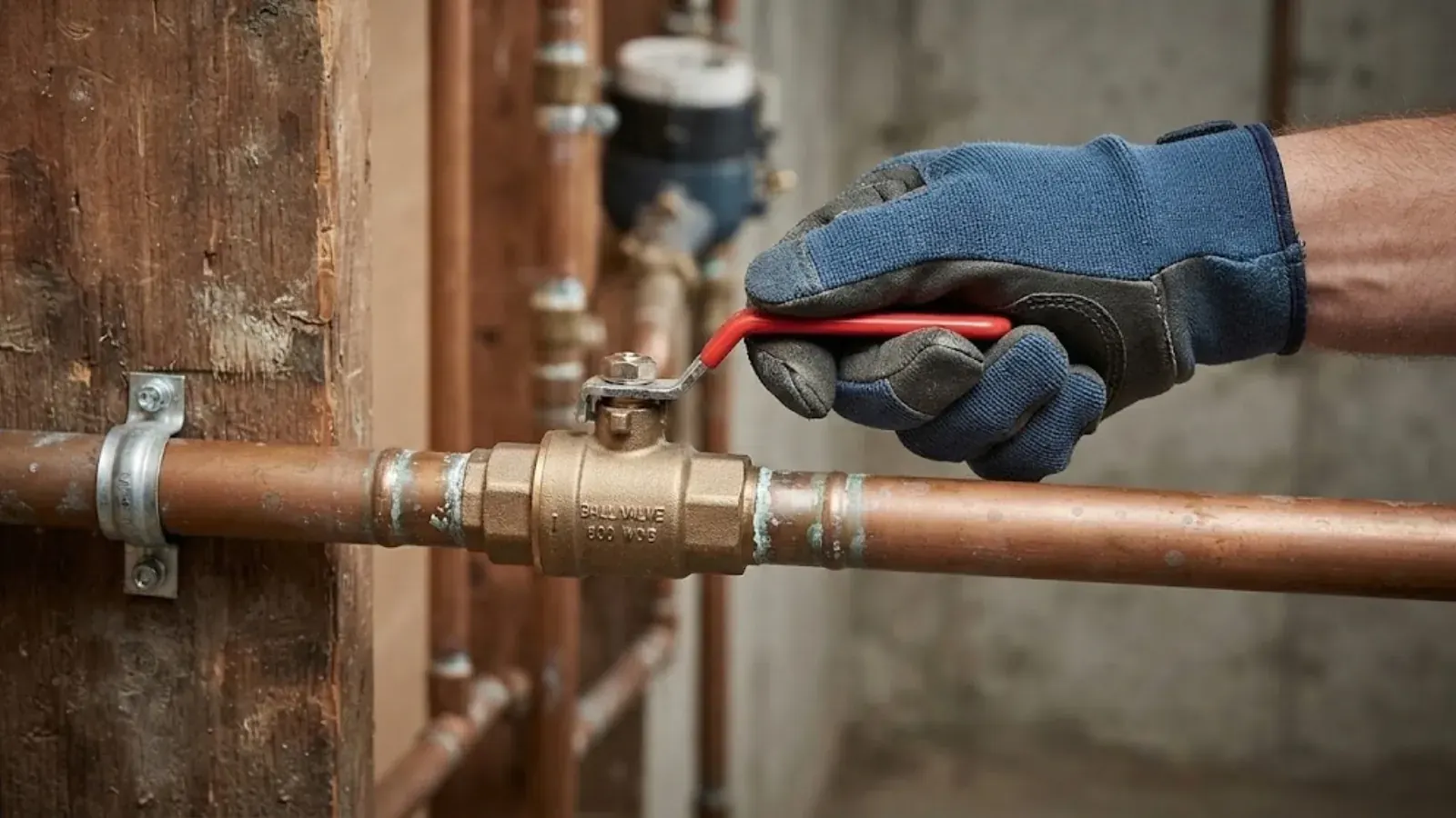 Gloved hand turning the red lever on a brass main water shutoff valve on a copper line