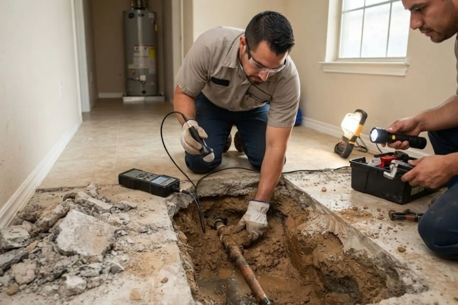 Two technicians at an opened concrete floor with a slab leak detector and exposed pipe