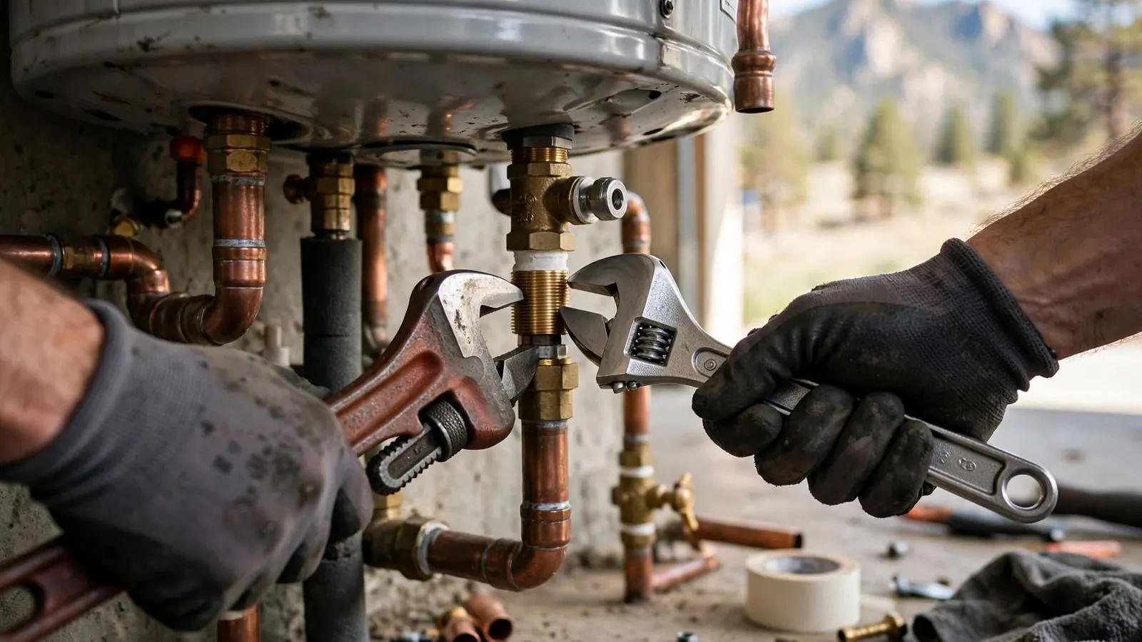 Two gloved hands tightening copper and brass fittings with wrenches under a water heater