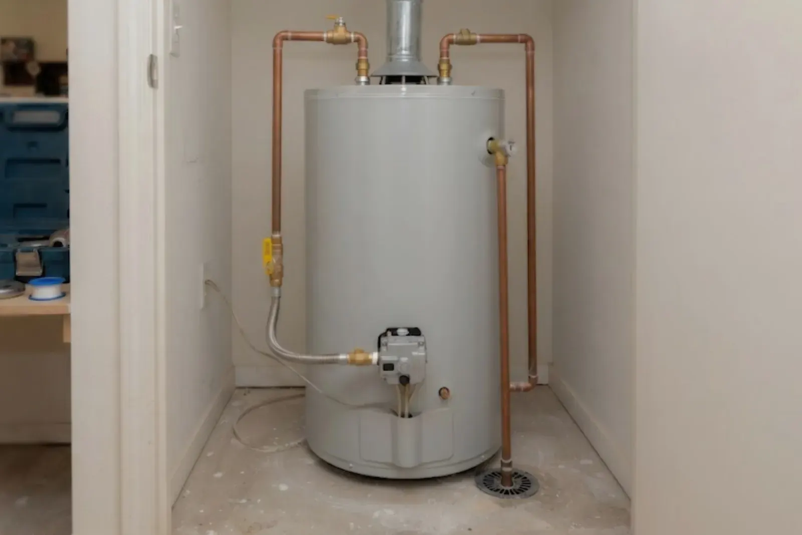 Gas water heater tank in a utility closet with copper supply lines and a gas connection